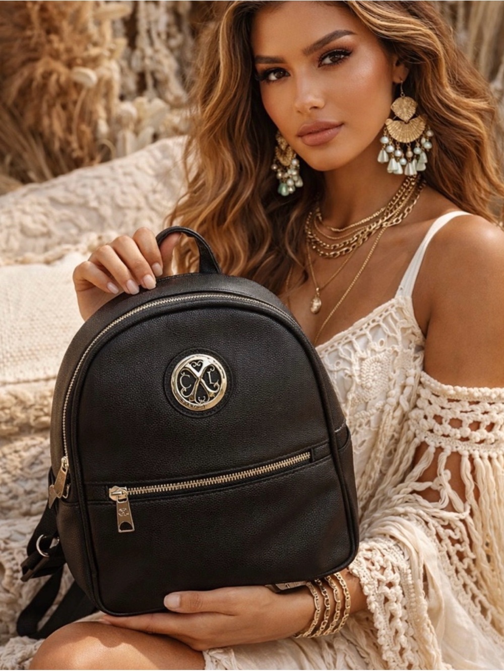 Christian Lacroix Black Leather Mini Backpack with Silver Emblem